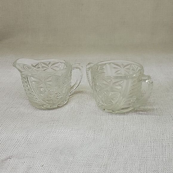 Anchor Hocking Creamer and Sugar Set Stars and Bars Thousand lines Pattern - Picture 1 of 6